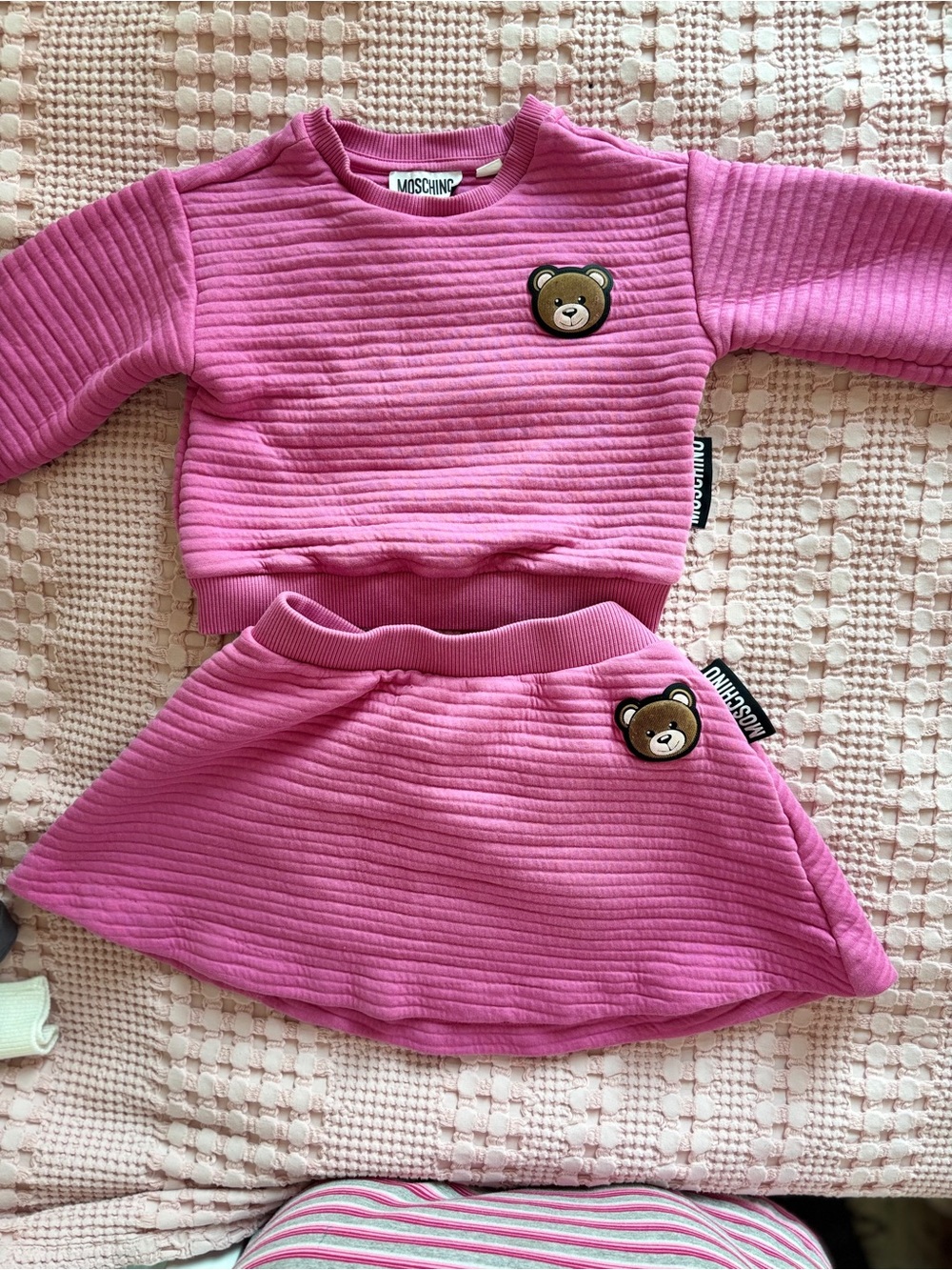 Moschino Hot Pink Ribbed Teddy Sweatshirt & Skirt Set